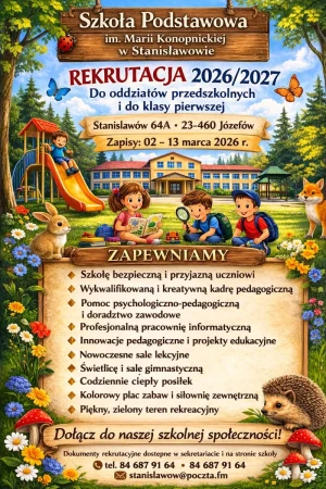 Zapisy dzieci do oddziałów przedszkolnych i klasy pierwszej na rok szkolny 2026/2027